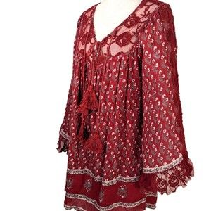 Free People Red Gauze Lace Women's SP Sheer Back BoHo Mini Dress Tunic